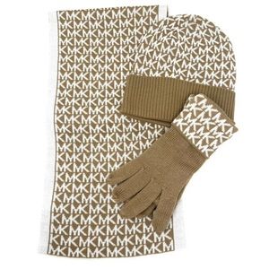 Michael Kors MK Logo Knit 3-Piece Gift Box Set Scarf, Hat & Gloves, Camel, New